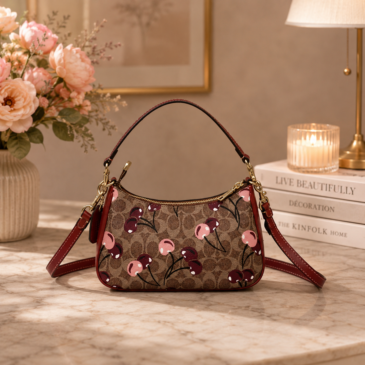 COACH CY694 Teri Shoulder Bag Signature Canvas Cherry Print Tan Brown NWT