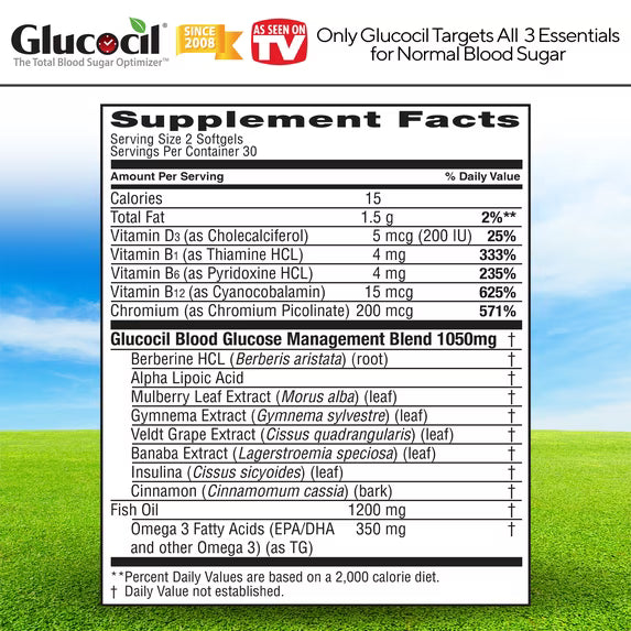 Glucocil Premium Blood Sugar Support Dietary Supplement Softgels, 60 Count