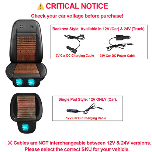 12VCar Bamboo Cooling Seat Cover With 2 Fan 12V Summer Bamboo Fast Ventilated Seat Pad Cushion Backrest & Cushion