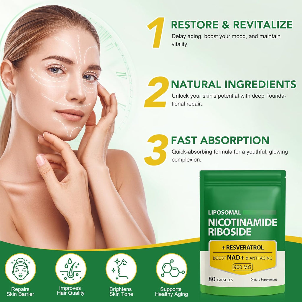 NAD+ Supplement with Nicotinamide Riboside, Resveratrol & Quercetin – Daily Energy & Cellular Wellness Support | 80 Capsules