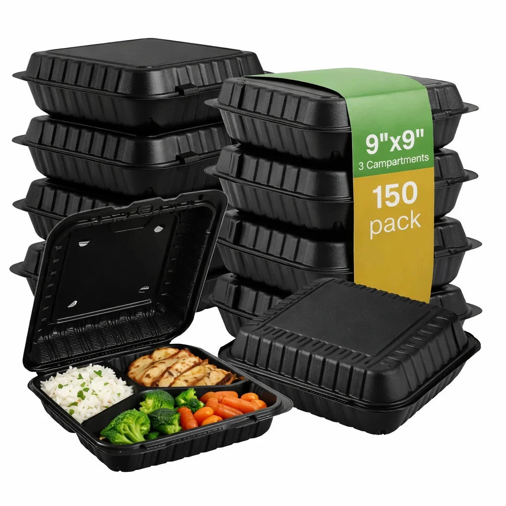 Hinged Container, Black, Vented, Three Compartment, 9" x 9", 150pc (150/1)