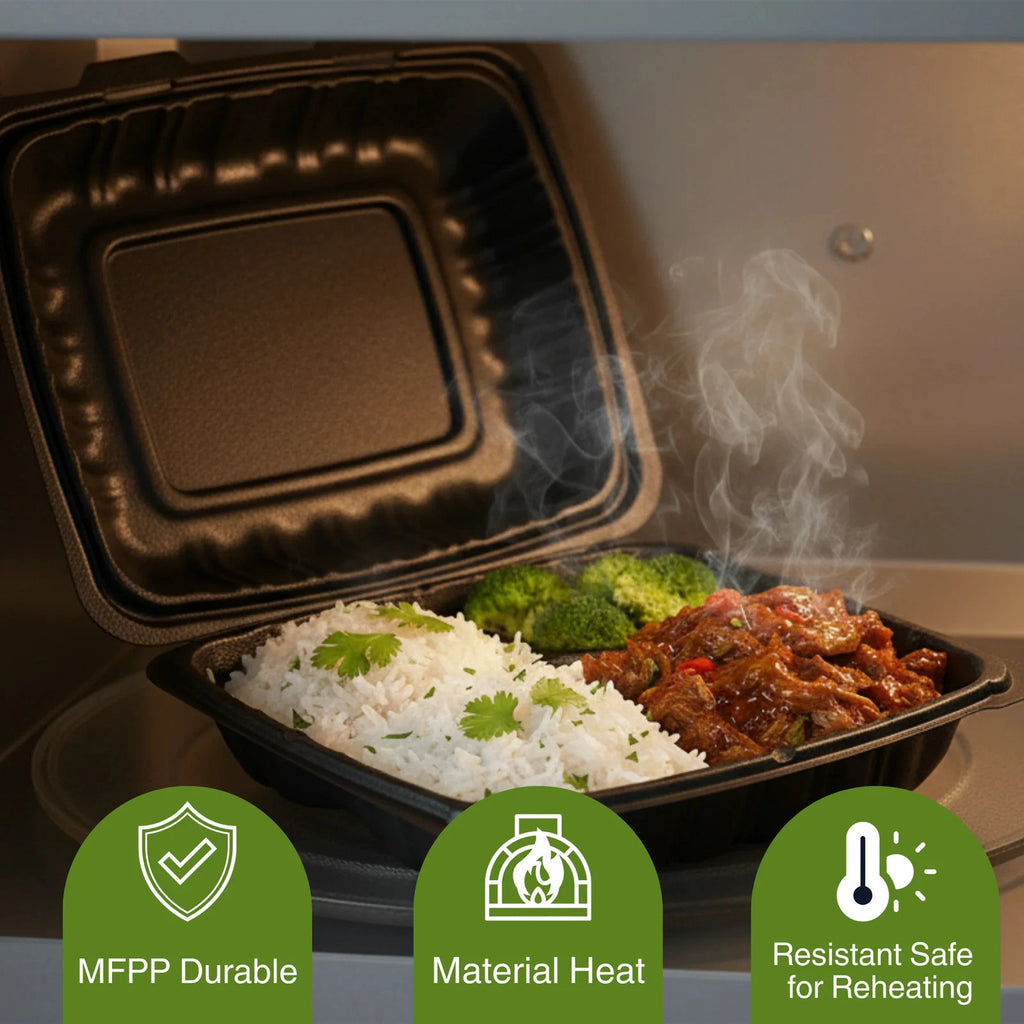 Hinged Container, Black, Vented, Three Compartment, 9" x 9", 150pc (150/1)