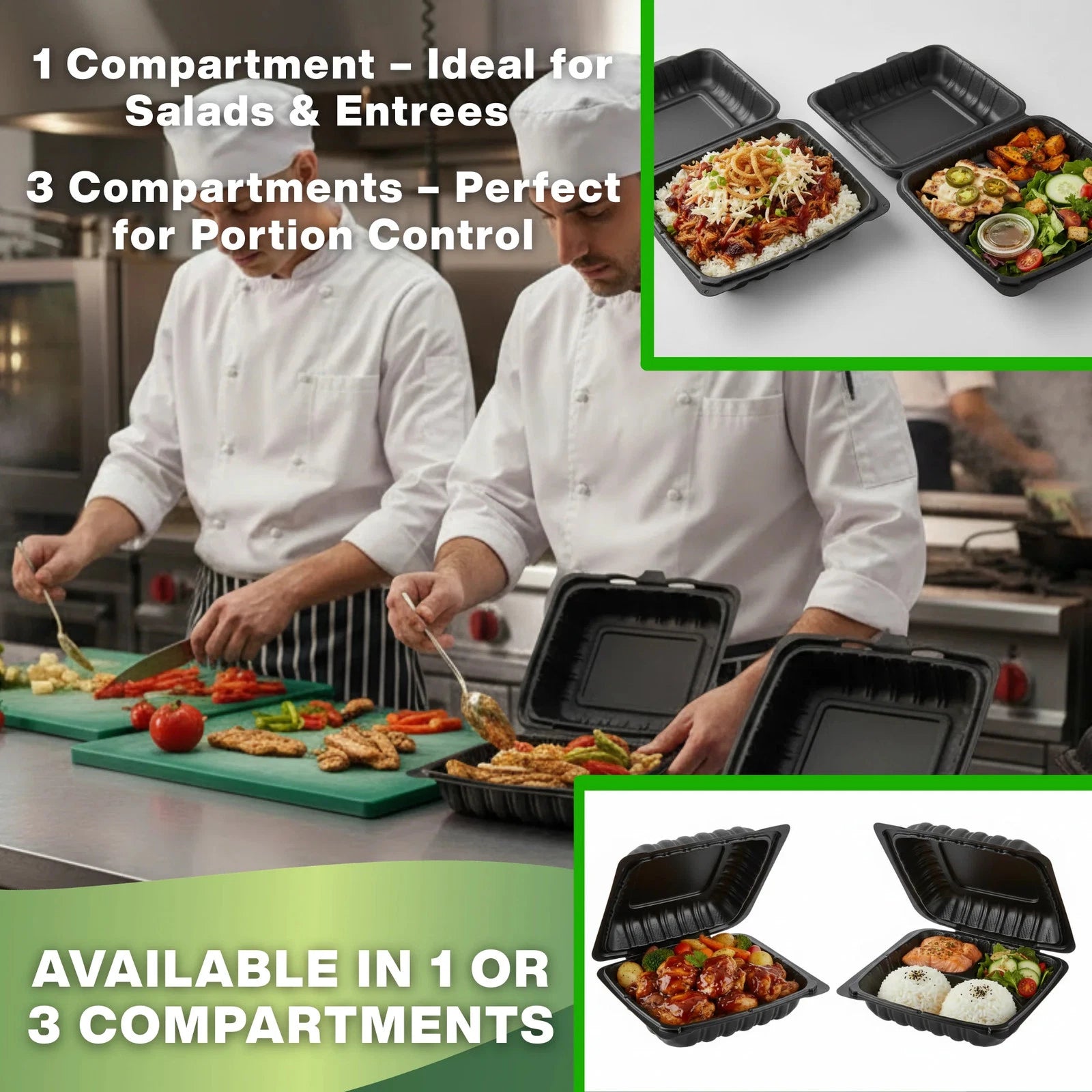 Hinged Container, Black, Vented, Three Compartment, 9" x 9", 150pc (150/1)