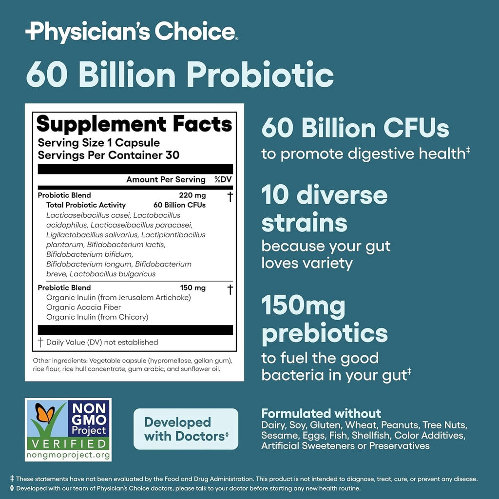 Physician's CHOICE Probiotics 60 Billion CFU - 10 Strains + Organic Prebiotics