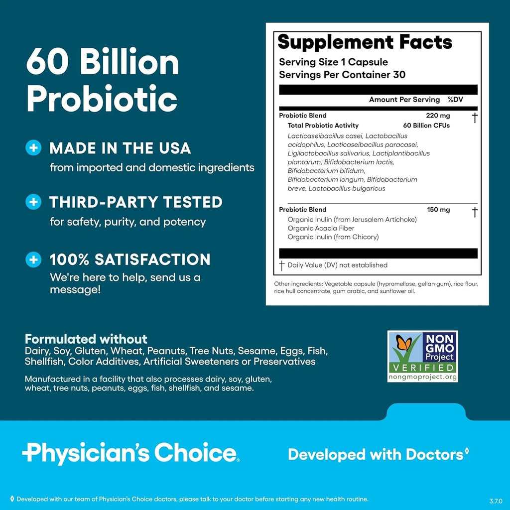 Physician's CHOICE Probiotics 60 Billion CFU - 10 Strains + Organic Prebiotics