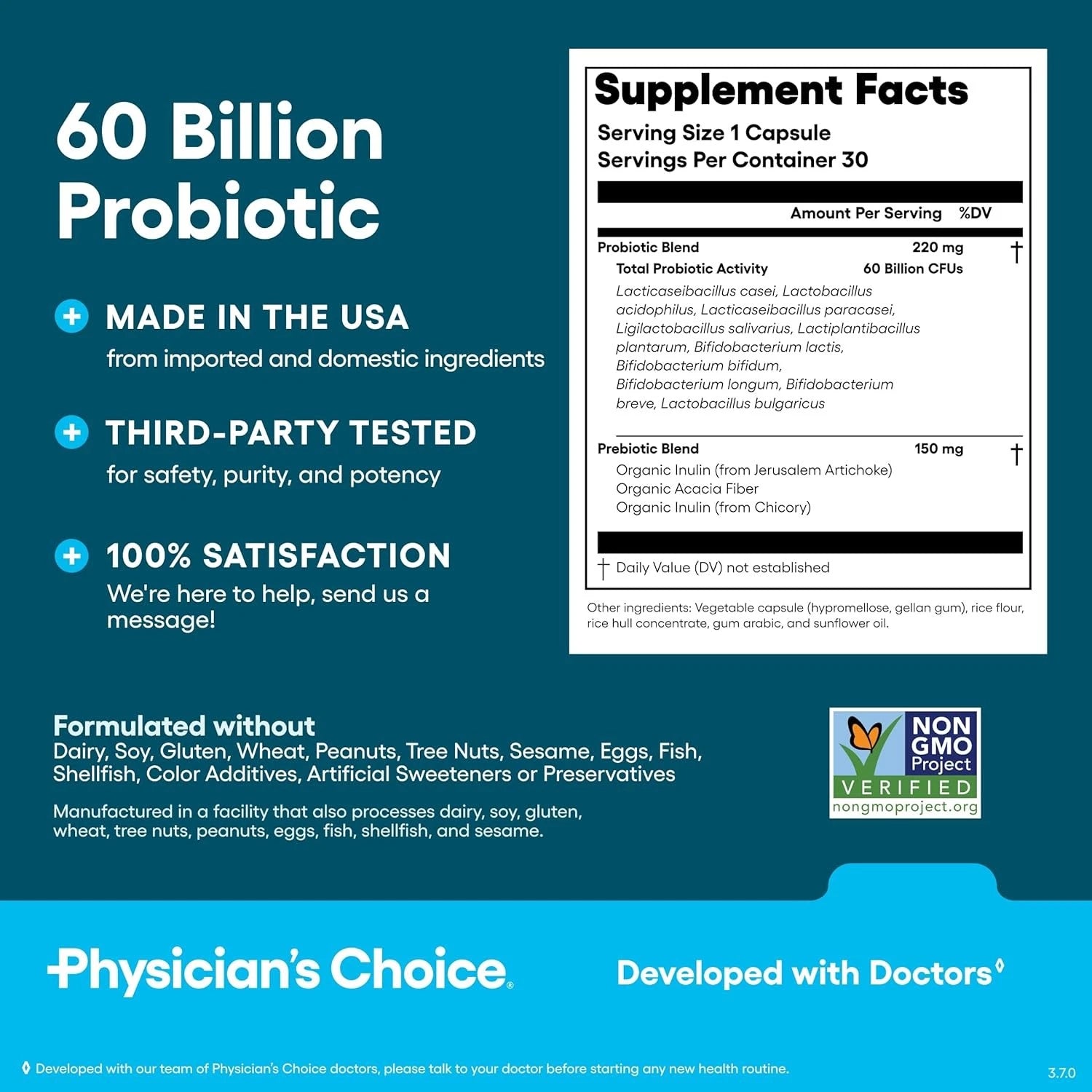 Physician's CHOICE Probiotics 60 Billion CFU - 10 Strains + Organic Prebiotics