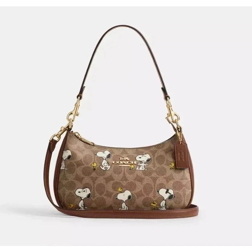 COACH Teri Shoulder Bag In Signature Canvas Gold/Tan/Brown New