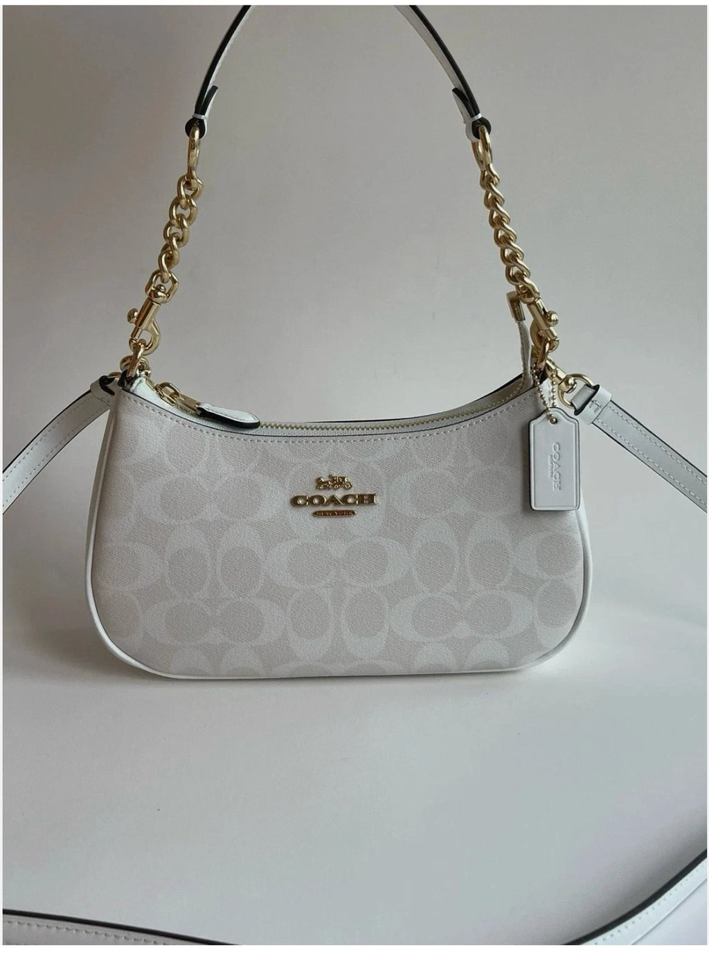 Coach Terri Shoulder Bag CA548 Signature Canvas Off White Gold Chain Leather