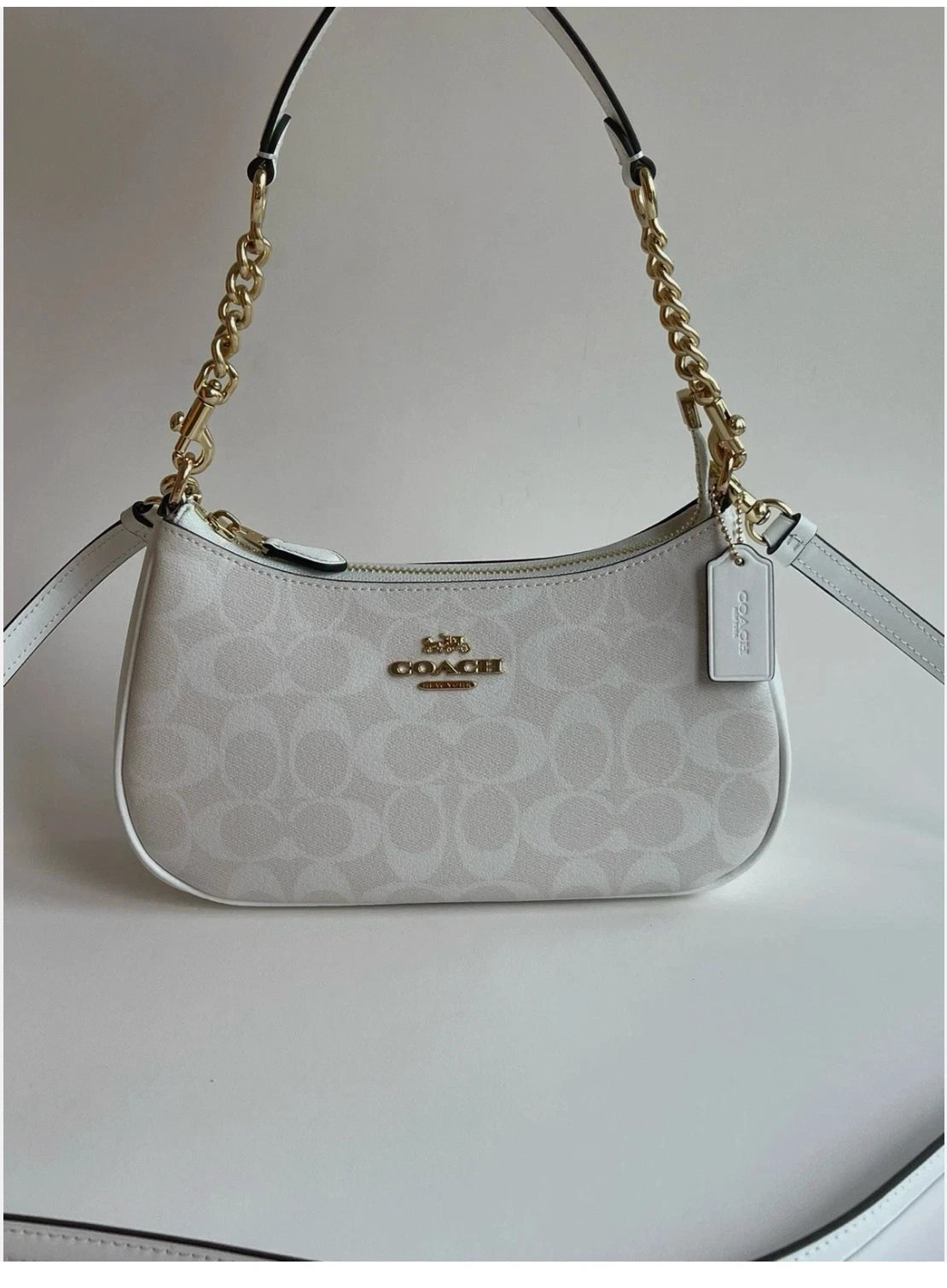Coach Terri Shoulder Bag CA548 Signature Canvas Off White Gold Chain Leather