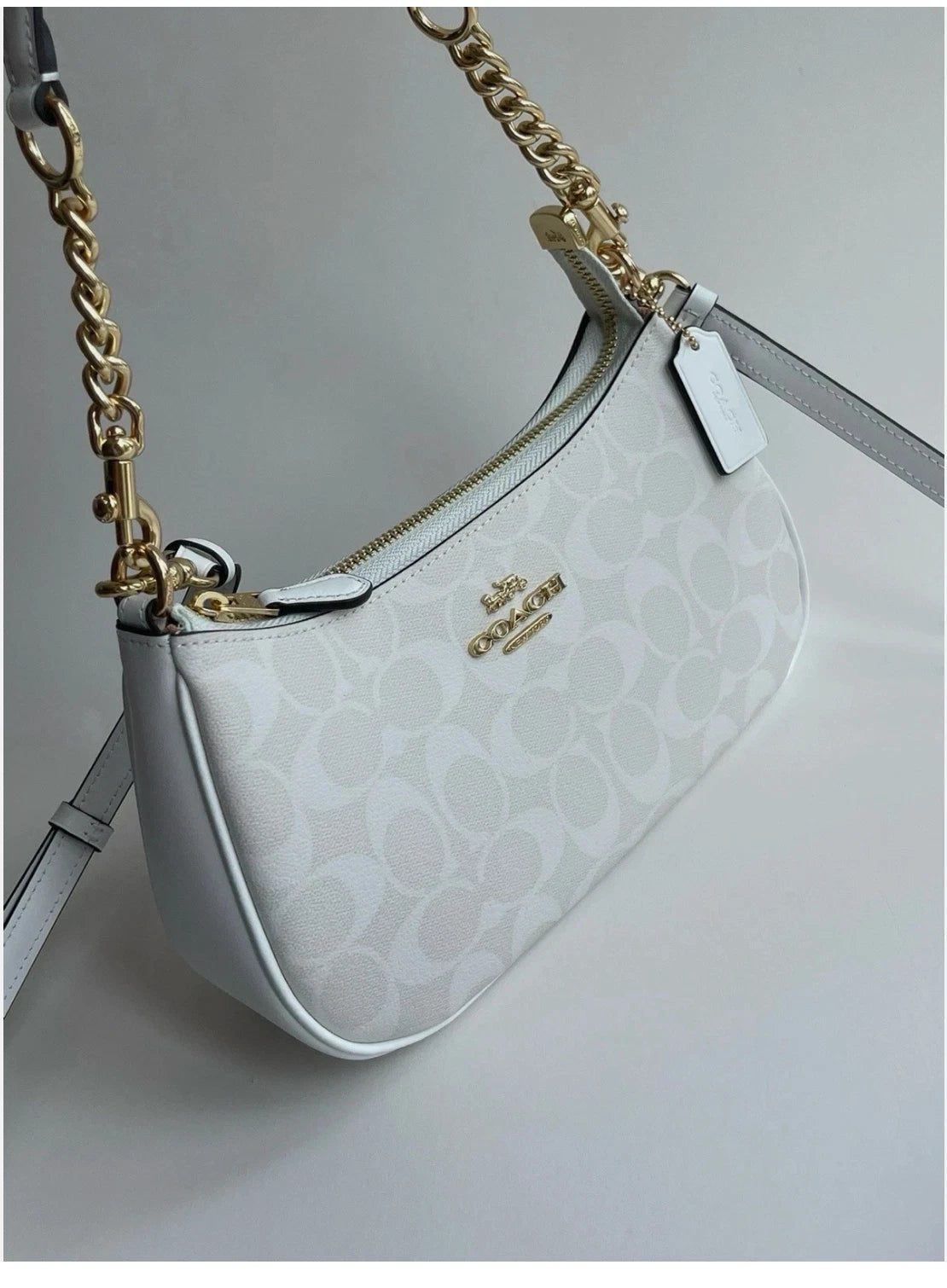 Coach Terri Shoulder Bag CA548 Signature Canvas Off White Gold Chain Leather