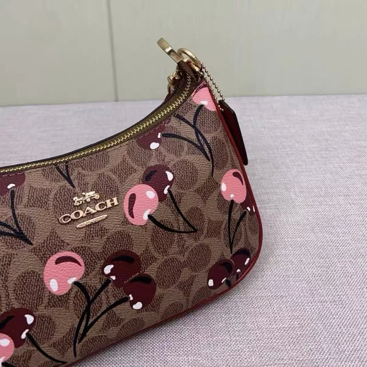 COACH CY694 Teri Shoulder Bag Signature Canvas Cherry Print Tan Brown NWT