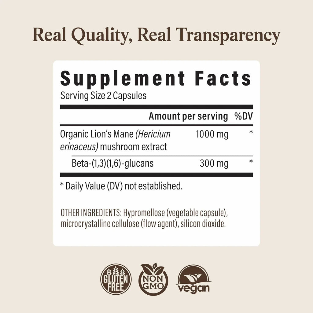 Real Mushrooms Organic Lions Mane Mushroom Capsules - 120 Count